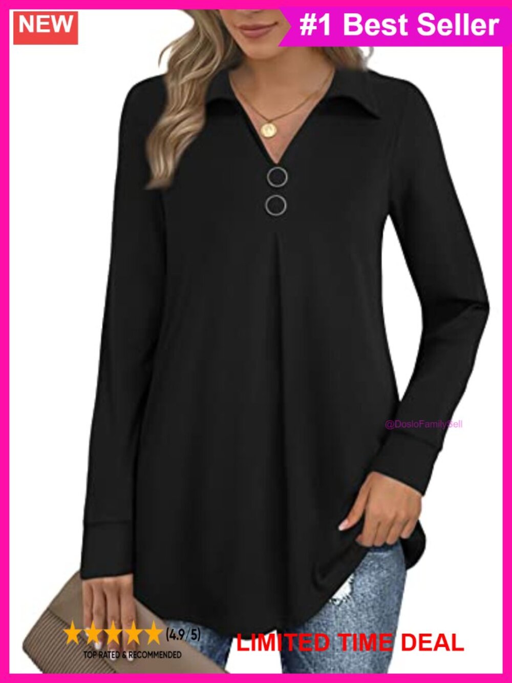 Bebonnie Women's Long Sleeve V-Neck Tunic Blouse with Buttons Loose Fit